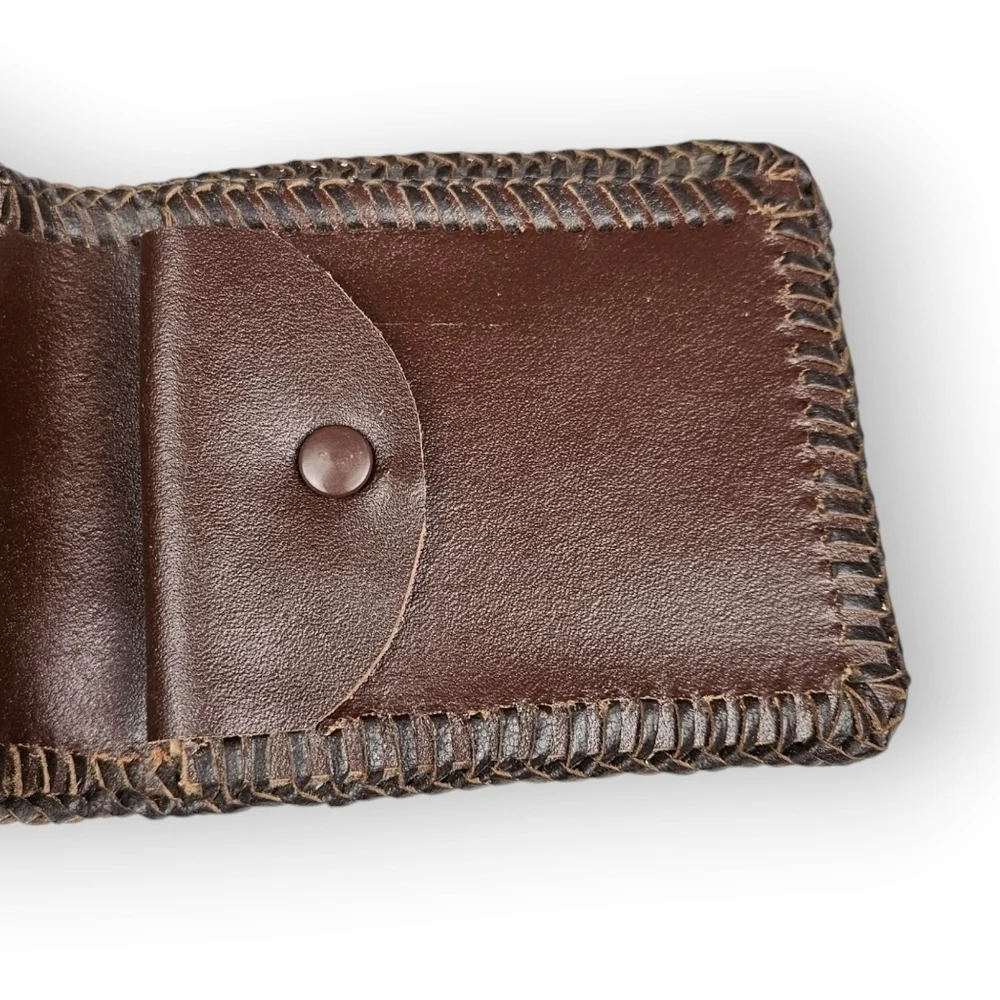 Vintage Ostrich Leather Bifold Wallet Brown Laced Edges Mens Unisex 70s 4.75